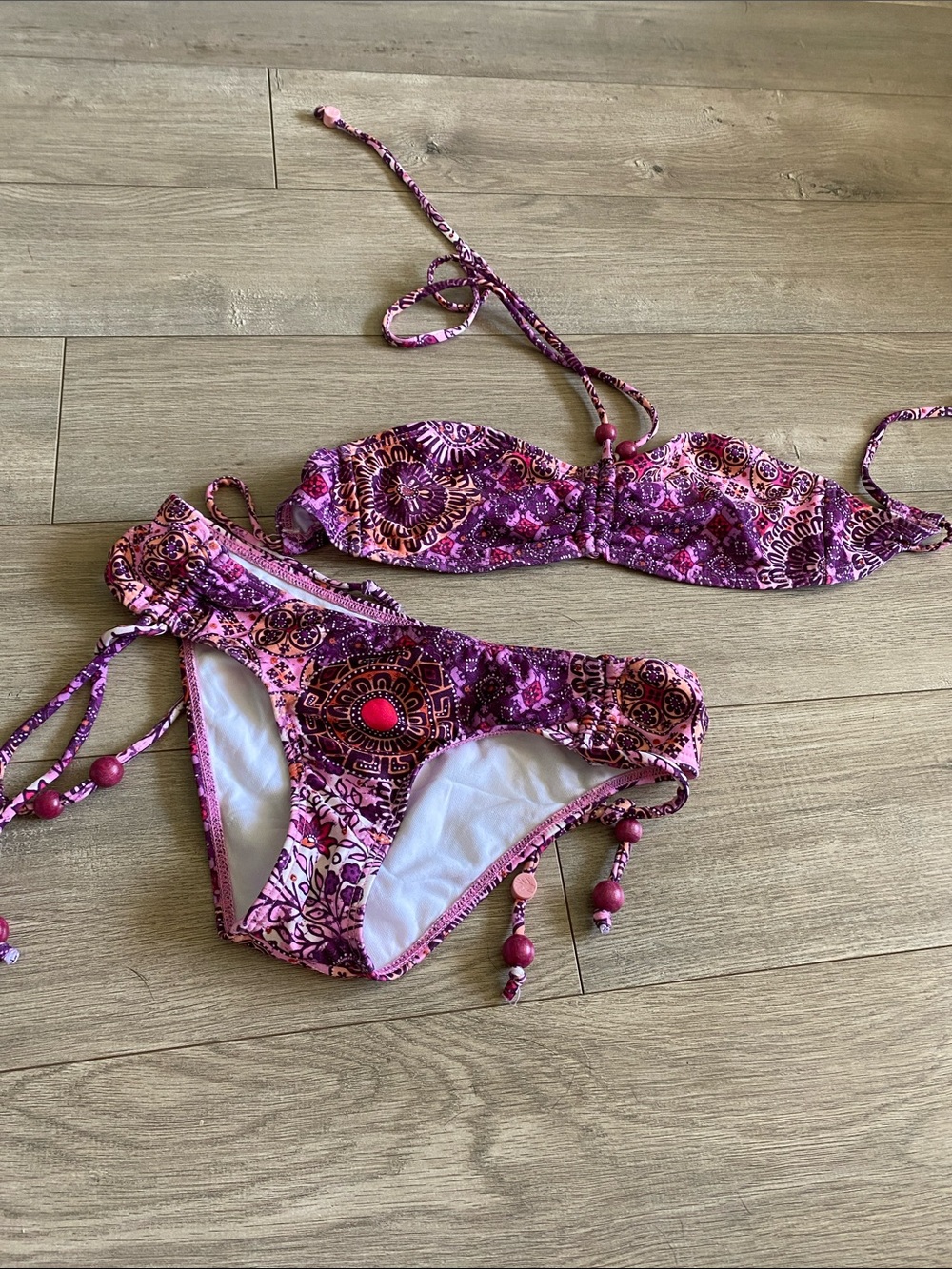 Pink Printed Bandeau Bikini Set with Tie Details